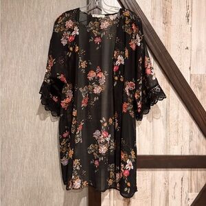 Wallflower Black Floral Top with Lace Sleeves